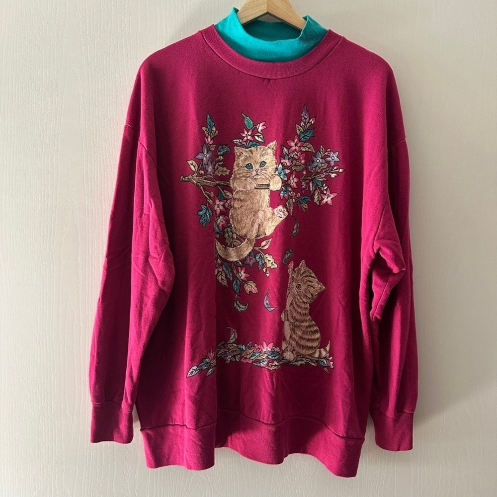 Vintage 90s Basic Editions Cat Graphic Sweatshirt Magenta Double Collar Plus 1X